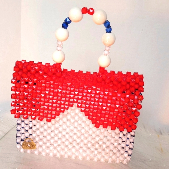 Hand-Carry Purse Red, White, & Blue Beaded Purse Patriotic 4th Of July - Picture 1 of 12